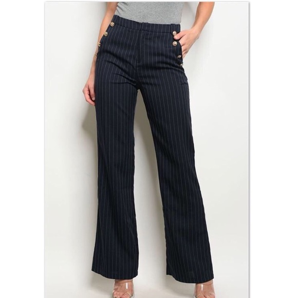 ‘Self Made’ Navy Blue Pinstripe Button Pants - Picture 2 of 3